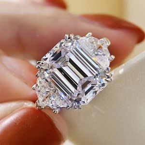 NEW 925 Silver Emerald Cut Diamond Engagement Ring